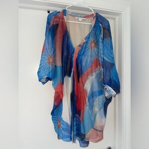 Diane Von Furstenberg blue red white fleurette batik land silk caftan